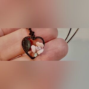 Vintage Heart Pendant Necklace with Pink Rose, 16” chain included